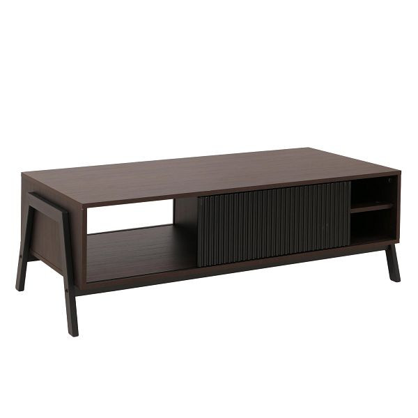 Mendler Couchtisch HWC-O40, Wohnzimmertisch Sofatisch, Staufächer Schiebetür MDF Metall Melamin 42x120x60cm, Walnuss-Optik, 139156+139157