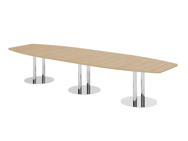 Hammerbacher Konferenztisch KT40S, 400 x 130 cm, Platte: Eiche, 25mm dick, mit drei verchromten Säulenfüßen, 7,6/70 cm, Arbeitshöhe 74 cm, VKT40S/E/C