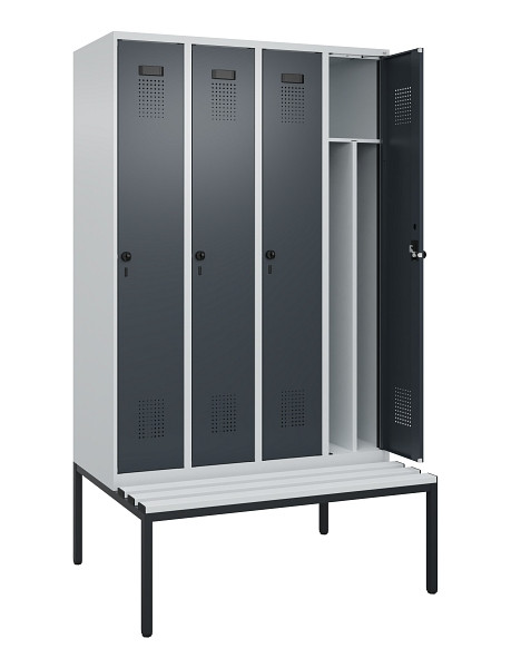 C+P Spind Evolo PLUS, 4 Abteile, 2120x1200x815mm, 7035/7016, Haken 4, Drehriegel, Sitzfläche Kunststoff, Sitzbank, 0490507-40F S10066