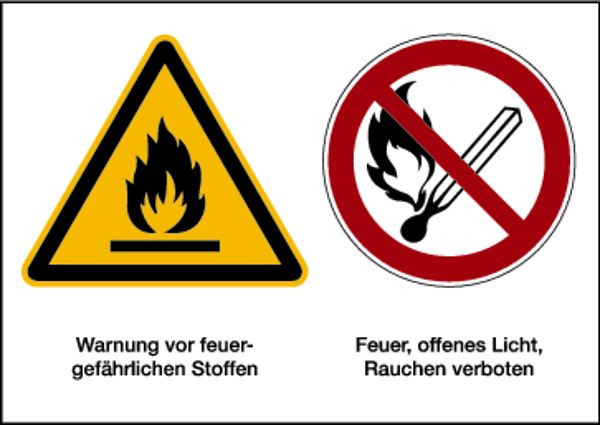 Schilder Klar Warnzeichen Kombischild Feuergefährliche Stoffe, 210x148 mm Folie selbstklebend, 7145/63