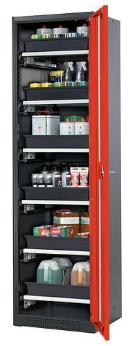 asecos Chemikalienschrank Systema-T CS-56RG, Korpus anthrazit, Flügeltüren rot, 6 Tablarauszüge, 209036