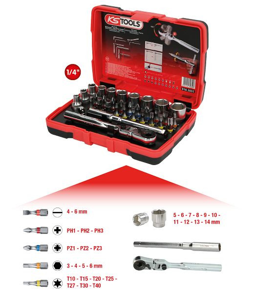 KS Tools 1/4" TORSIONpower Bit-Stecknuss-Box, 33-teilig, 918.3005