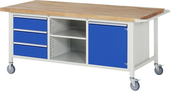 RAU Fahrbare Werkbank-Modell 8563, B2000xT900xH880-1080mm, Dreifach-Unterbau-Container, li: 3x180mm, mitte: Fachboden, re: Flügeltür, 05-8563A2-209B4H.11