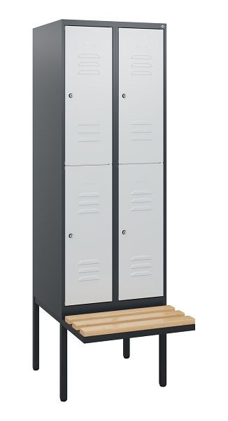 C+P Doppelstöckiger Spind Classic PLUS, 2 Abteile, 1950x600x815mm, 7016/7035, Zylinderschlösser, Buche-Sitzleisten, Sitzfläche, 0803405-20 S10043