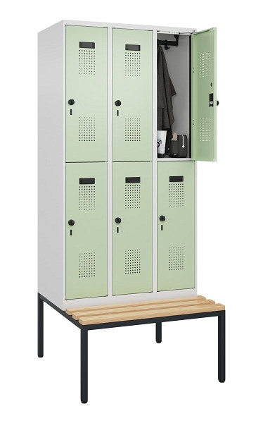 C+P Doppelstock-Spind Evolo PLUS, Bank, 6 Fächer, 2120x900x815mm, 9016/6019, Drehriegel, Sitzfläche Buche-Hartholz, Sitzbank, 0493507-30 S10019