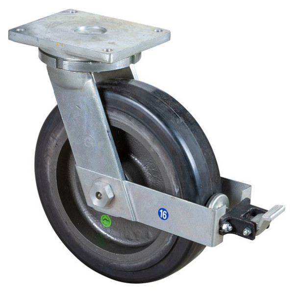 BS Rollen Schwerlastrolle mit Rad-/Feststeller, Breite 100 mm, Ø400 mm, bis 1500 kg, Elastik-Reifen schwarz, Radkörper Guss, Kugellager, RR120.B81.401