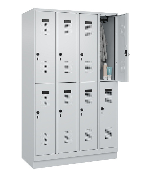 C+P Doppelstöckiger Spind Evolo PLUS, mit Sockel, 8 Fächer, 1950x1200x500mm, 703, Frontfarbe RAL 7035 Lichtgrau, Drehriegel, 049320-40 S10013