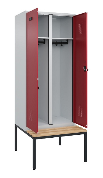 C+P Schwarz-Weiß-Spind Evolo PLUS, Bank, 2 Abteile, 2120x800x815mm, 7035/3003, Drehriegel, Sitzfläche Buche-Hartholz, Sitzbank, 0490527-22 S10004