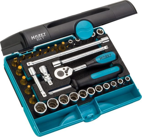 Hazet Steckschlüssel Satz, Vierkant hohl 6,3 mm, Außen-Sechskant Profil, Außen TORX® Profil, Innen TORX® Profil, Schlitz Profil, 854T