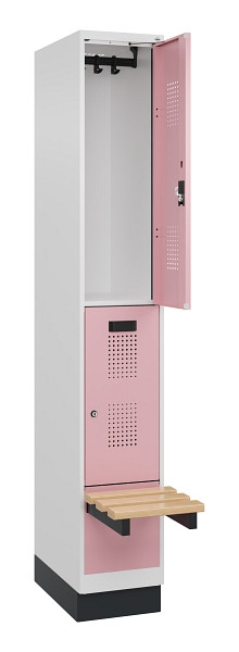 C+P Doppelstock-Spind Evolo PLUS, Bank, 2 Fächer, 1950x300x815mm, 9016/3015, Zylinderschloss, Sitzfläche Buche-Hartholz, mit Sockel, 049340-10 S10045