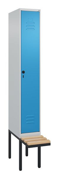 C+P Umkleidespind Classic PLUS, 2120x300x815mm, 7035/5012, Drehriegel, Buche-Sitzleisten, 3 Doppel-Haken, 0800407-10 S10004