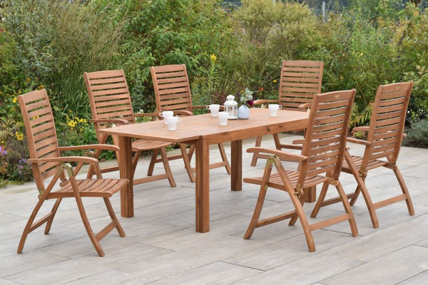 Merxx Paraiba Set 7-teilig, 6 Paraiba Klappsessel, Rückenlehne 5-fach verstellbar, 1 Ausziehtisch, modern, 150 (200) x 90 cm, FSC Akazienholz, 50115-011