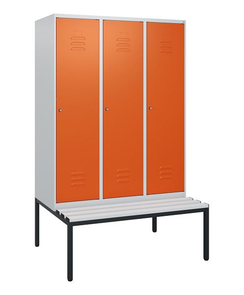 C+P Umkleidespind Classic PLUS, mit untergebauter Sitzbank, 3 Abteile, 1950x1200x815mm, 7035/2004, Zylinderschlösser, 0800505-32 S10065