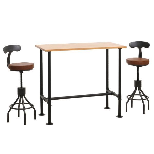 Mendler Set Bartisch + 2x Barhocker HWC-N21, höhenverstellbar drehbar Fußablage, Industrial Metall Kunstleder, natur, braun, 106027+105968