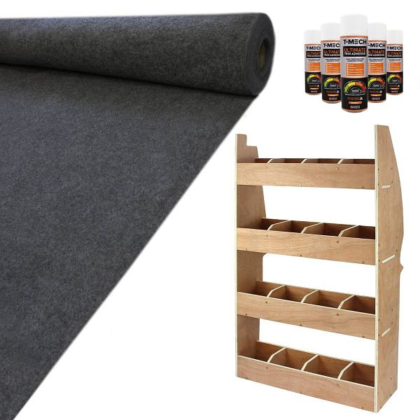 T-Mech 11qm Anthrazit Teppich-Verkleidung Super Stretch mit Kleber & Citroen Berlingo Regalsystem, 26292