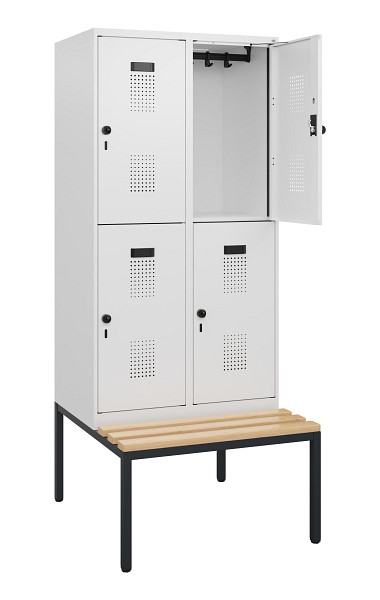 C+P Doppelstöckiger Spind Evolo PLUS, Bank, 4 Fächer, 1950x800x815mm, 9016/9016, Drehriegel, Sitzfläche Buche-Hartholz, Sitzbank, 0493505-22 S10023
