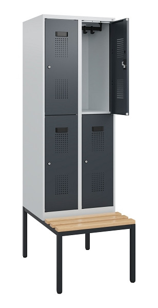 C+P Doppelstöckiger Spind Evolo PLUS, Bank, 4 Fächer, 1950x600x815mm, 7035/7016, Zylinderschloss, Sitzfläche Buche-Hartholz, Sitzbank, 0493505-20 S10039