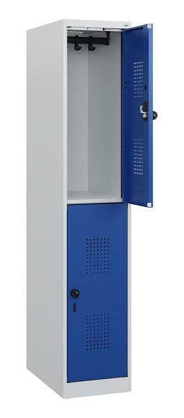 C+P Doppelstöckiger Spind Evolo PLUS, 2 Fächer, 1530x300x500mm, 7035/5010, Drehriegel, 0493005-10 S10006