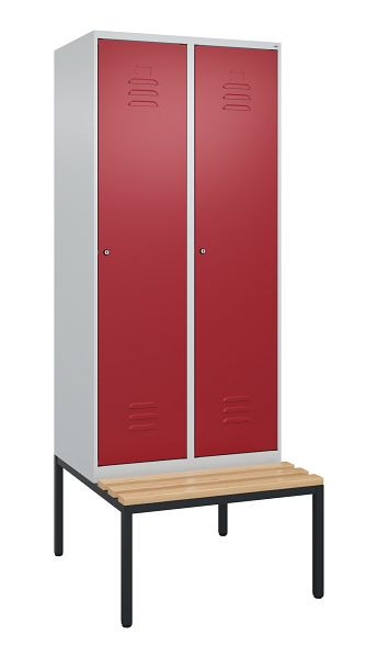 C+P Umkleidespind Classic PLUS, mit untergebauter Sitzbank, 2 Abteile, 2120x800x815mm, 7035/3003, Zylinderschlösser, Buche-Sitzleisten, 0800507-22 S10046