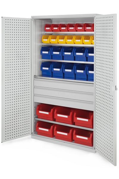 Kappes Großraum Schrank Modell 35 RAL 7035, 1950 x 1130 x 590 mm, Türinnenseite: RasterPlan Lochplatten, 3 Schubladen mittig, 1780.18.3013