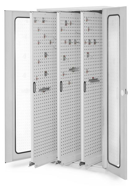 Kappes RasterPlan Vertikalschrank Modell 85, 1950 x 1000 x 600 mm, RAL 7035, Sichtfenstertür, 3 Auszüge Lochplatten, 1467.01.5013