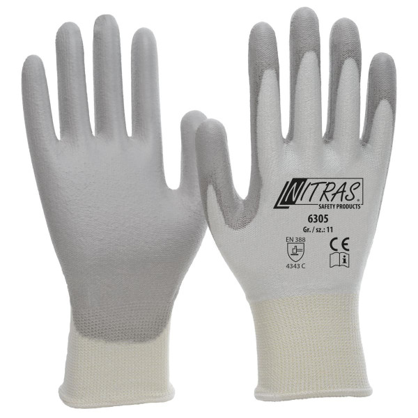NITRAS Schnittschutzhandschuhe, weiß, PU-Beschichtung, teilbeschichtet auf Innenhand und Fingerkuppen, grau, Größe: 7, VE: 100 Paar, 6305-7