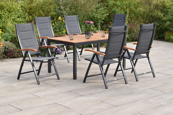 Merxx Paxos Set 7-teilig, 6 Klappsessel, gepolstert, graphit/grau, 1 Tisch 150 x 90 cm, Tischplatte aus Akazienholz, 50995-307