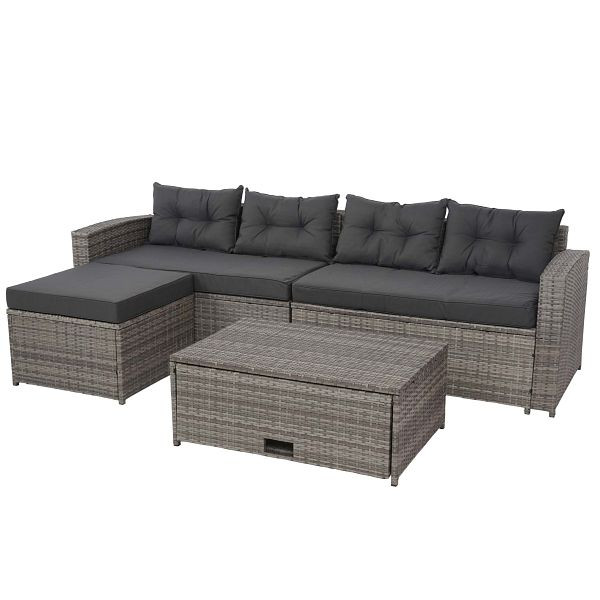 Mendler Poly-Rattan Garnitur HWC-J34, Balkon-/Garten-/Lounge-Set Sitzgruppe Sofa, Staufach, grau, Kissen dunkelgrau, 77087+77088+77089
