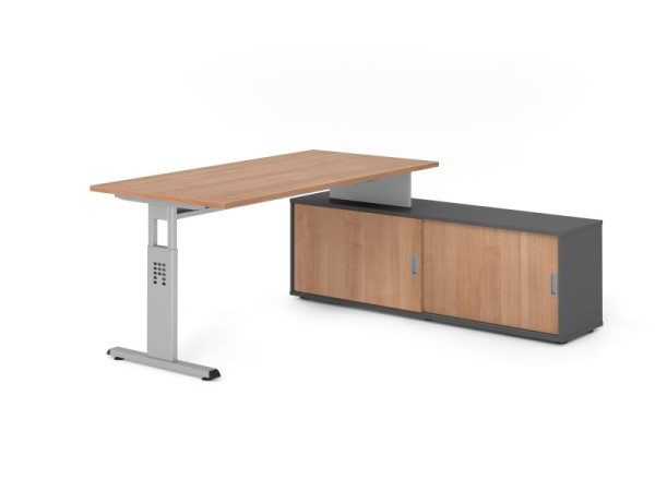 Hammerbacher Aufsatz-Schreibtisch OSE16, 160x80cm, Platte: Nussbaum, 25mm dick, T-Fuß Gestell Silber, Graphit / Nuss, VOSE16SB/N/S/G/N