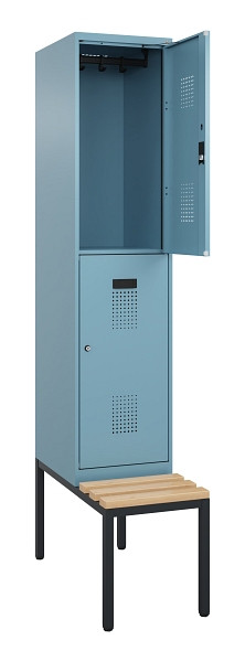 C+P Doppelstock-Spind Evolo PLUS, Bank, 2 Fächer, 2120x400x815mm, 0010/0010, Zylinderschloss, Sitzfläche Buche-Hartholz, Sitzbank, 0493507-12 S10048