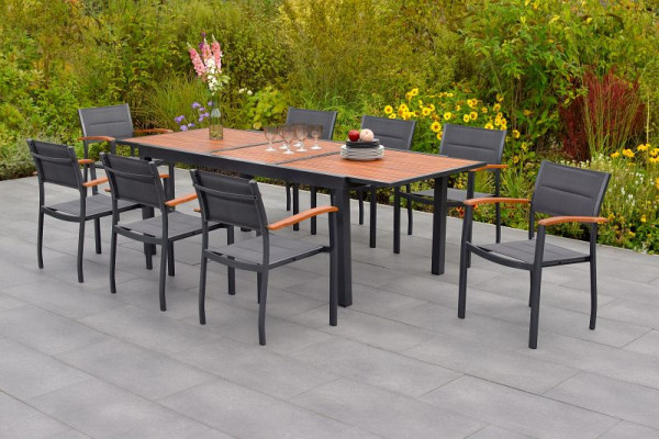 Merxx Paxos Set 9-teilig, 8 Paxos Stapelsessel, 1 Ausziehtisch 180 (240) x 100 cm, Aluminium mit Textilbespannung und FSC Akazienholz, 50634-307