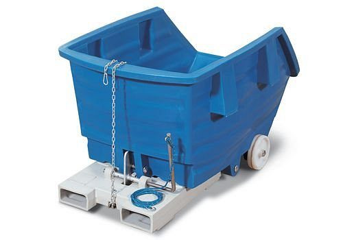 DENIOS Kippwagen aus Polyethylen (PE), mit Rollen und Gabeltaschen, 300 Liter Volumen, blau, 148-379