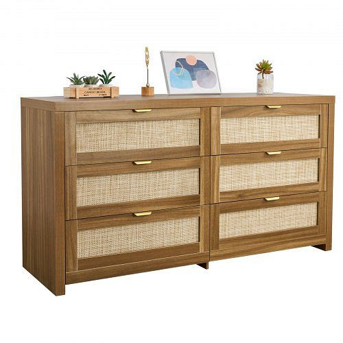 VEVOR Rattankommode mit 6 Schubladen & Metallgriff, für Schlafzimmer/Wohnzimmer/Flur, 144,5x45x79,5 cm, Walnuss, SLJYXTBCTJLCYOP2W001V0