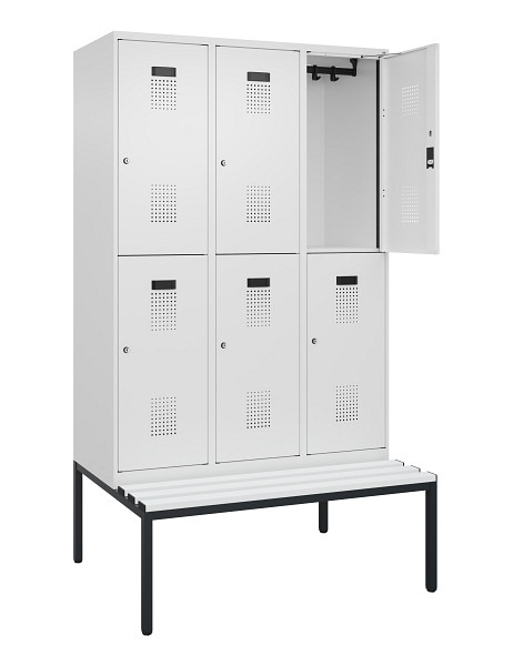 C+P Doppelstock-Spind Evolo PLUS, Bank, 6 Fächer, 2120x1200x815mm, 9016/9016, Zylinderschloss, Sitzfläche Kunststoff, Sitzbank, 0493507-32 S10134