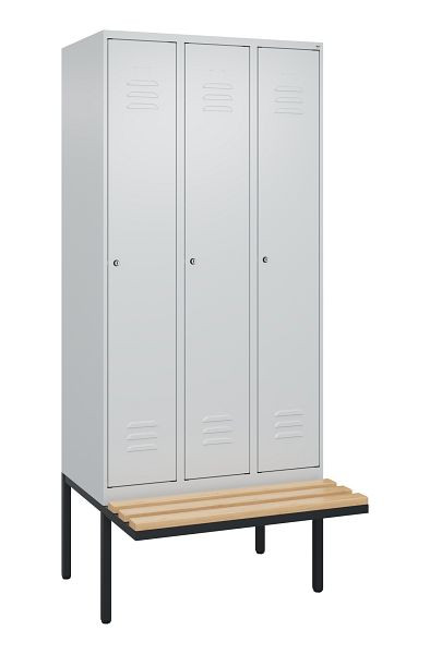 C+P Umkleidespind Classic PLUS, 3 Abteile, 2120x900x815mm, 7035/7035, Zylinderschlösser, Buche-Sitzleisten, 3 Doppel-Haken, 0800407-30 S10053