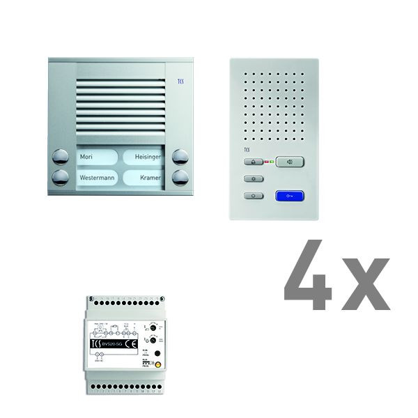 TCS Türkontrollsystem audio:pack AP für 4 Wohneinheiten, mit Außenstation PES 4 Klingeltasten, 4x Freisprecher ISW3030, Steuergerät BVS20, PAAF042/002