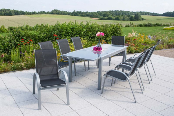 Merxx Amalfi Set 9-teilig, 8 Amalfi Stapelsessel, 1 Ausziehtisch 180 (240) x 100 cm, graue Glasplatte, silber/schwarz, 50338-317