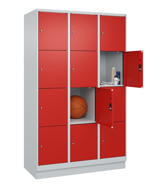 C+P Schließfachschrank Evolo PLUS, mit Sockel, 12 Fächer, 1950x1200x500mm, 7035/3020 Verkehrsrot, Abteile 3, Abteilbreite 400 mm, 049020-324 S10005
