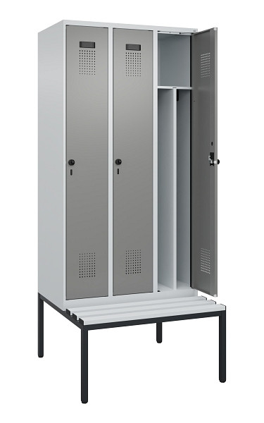 C+P Spind Evolo PLUS, 3 Abteile, 2120x900x815mm, 7035/0004, Haken 4, Drehriegel, Sitzfläche Kunststoff, Sitzbank, 0490507-30F S10068