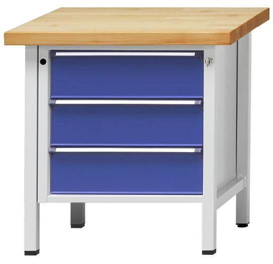 ANKE Werkbänke Kastenwerkbank; 800 x 700 x 890 mm; RAL 7035/5010; Buche-Massiv-Platte 40 mm; 3 Schubladen 180 mm, 300.081