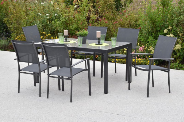 Merxx Milano Set 7-teilig, 6 Milano Stapelsessel, graphit/grau, 1 rechteckiger Tisch, 150 x 90 cm, 51047-309