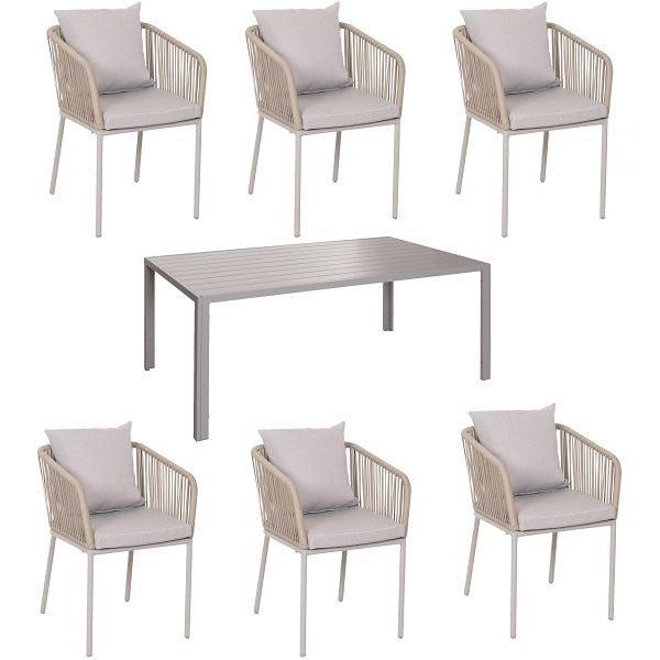 Mendler Gartengarnitur HWC-N41, Tisch+6xStuhl, wetterfest Alu 180x80cm, Seilgeflecht Rope, grau Kissen grau, 106604+3x106619