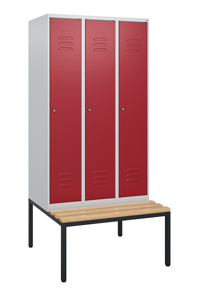 C+P Umkleidespind Classic PLUS, mit untergebauter Sitzbank, 3 Abteile, 1950x900x815mm, 7035/3003, Zylinderschlösser, Buche-Sitzleisten, 0800505-30 S10016