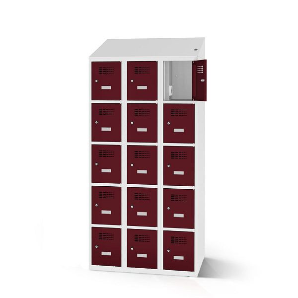 Rotstahl Fächerschrank, 15 Fächer, Stollenfüße, mit Ladefunktion, Schrägdach, Korpus: lichtgrau, Türen: weinrot, 2180-030500-0902112-7035-3005
