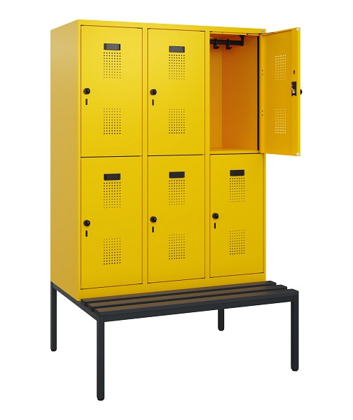C+P Doppelstöckiger Spind Evolo PLUS, Bank, 6 Fächer, 1950x1200x815mm, 1023/1023, Drehriegel, Sitzfläche Kunststoff, Sitzbank, 0493505-32 S10125