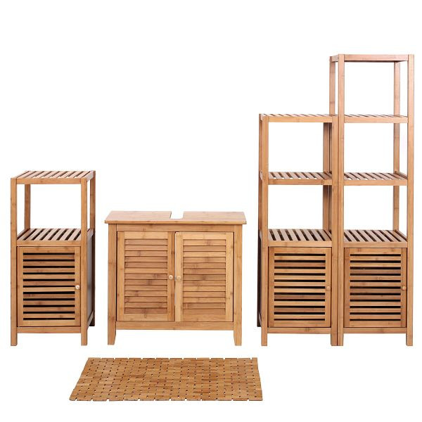 Mendler Badezimmerset HWC-B18, Komplett Badezimmer Badmöbel Badset Badschrank mit Tür, Bambus, 57560+57557+57554+57555+57556