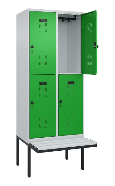 C+P Doppelstock-Spind Evolo PLUS, Bank, 4 Fächer, 2120x800x815mm, 7035/6037, Drehriegel, Sitzfläche Kunststoff, 0493407-22 S10092