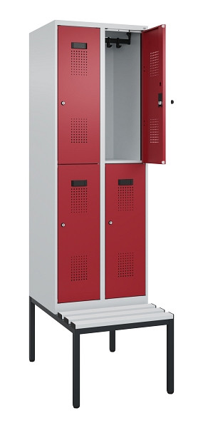 C+P Doppelstock-Spind Evolo PLUS, Bank, 4 Fächer, 2120x600x815mm, 7035/3003, Zylinderschloss, Sitzfläche Kunststoff, Sitzbank, 0493507-20 S10112
