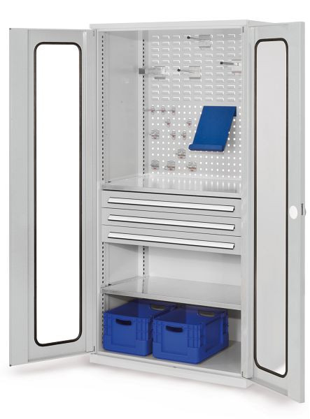 Kappes RasterPlan Schubladenschrank, Modell 32, RAL 7035, Sichtfenstertür, 1950 x 1000 x 600 mm, 3 Schubladen H 100 mm, 1460.02.5013