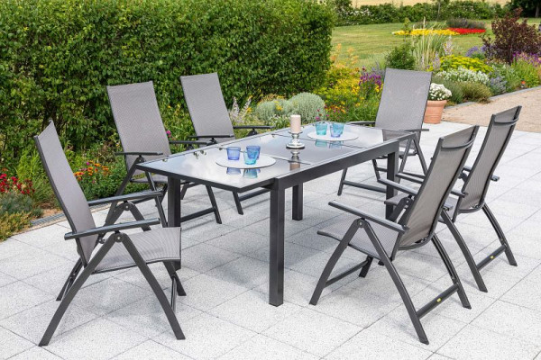 Merxx Vicenza Set 7-teilig, 6 Klappsessel, 1 Ausziehtisch, 180 (240) x 100 cm, graue Glasplatte, graphit/diamantbraun, 50286-217